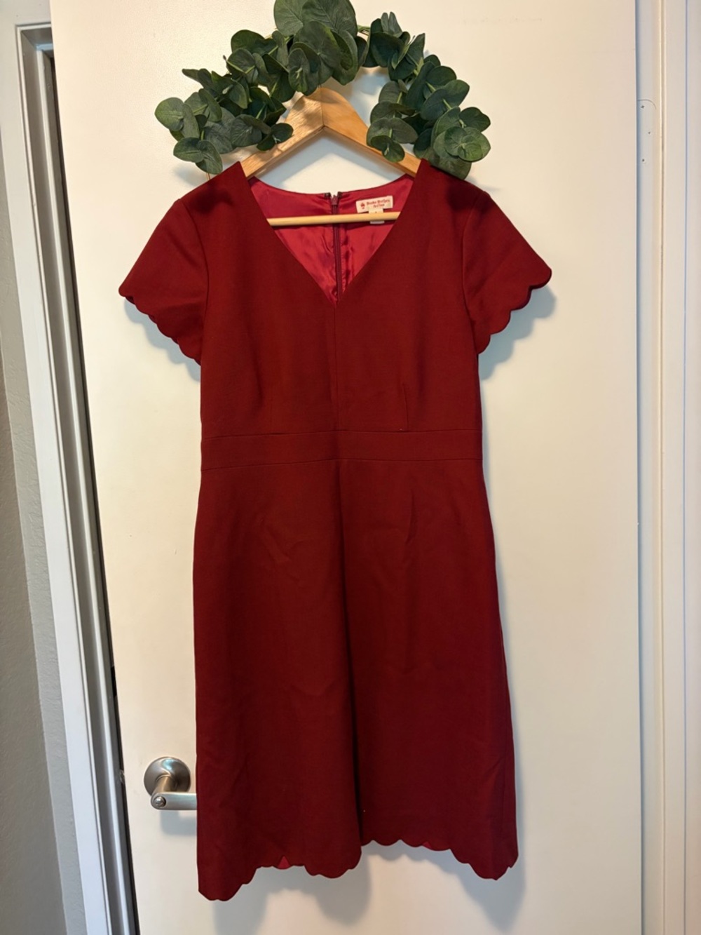 Brooks Brothers Burgundy Scallop-Hem V-Neck Midi Dress
